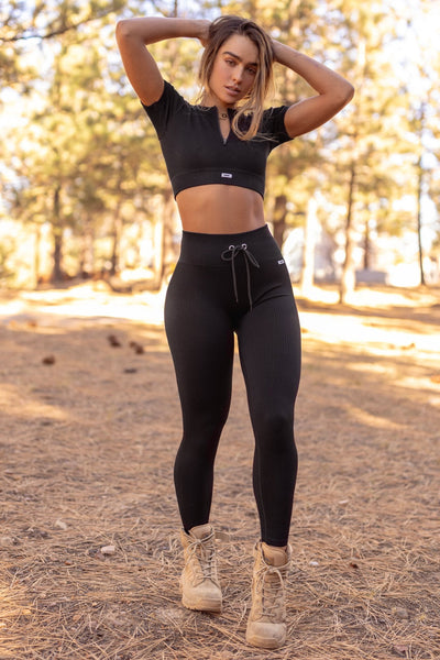Seamless Ribbed Drawstring Leggings - Black