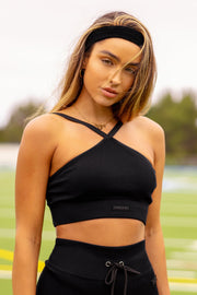 Seamless Ribbed Cross Halter Top - Black