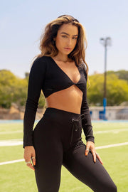 Seamless Ribbed Twist Crop Top - Black