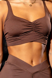 Crossover Hem Cinched Front Bra - Brown